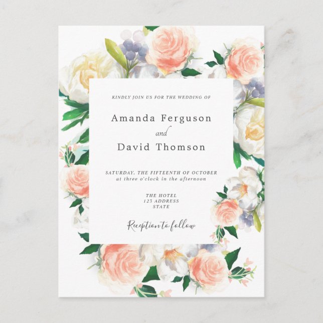 Florweiße Korallen Moderne Hochzeit Einladung Postkarte (Vorderseite)
