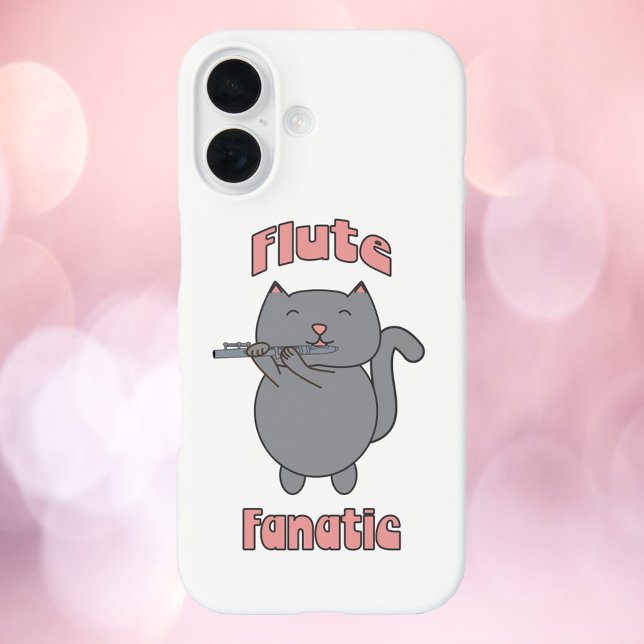 Flötenfanatiker Graue Katze Pink iPhone 16 Hülle (A phone case with a cute gray cat playing the flute & the words flute fanatic in pink.)