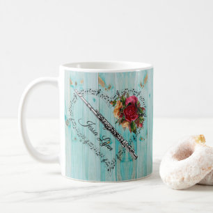 Flötenmusiknoten Herz Blau Holz Blumen Kaffeetasse
