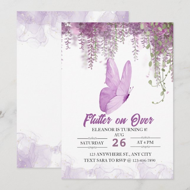 Flotter sur le papillon Girl Invitation Anniversai (Devant / Derrière)