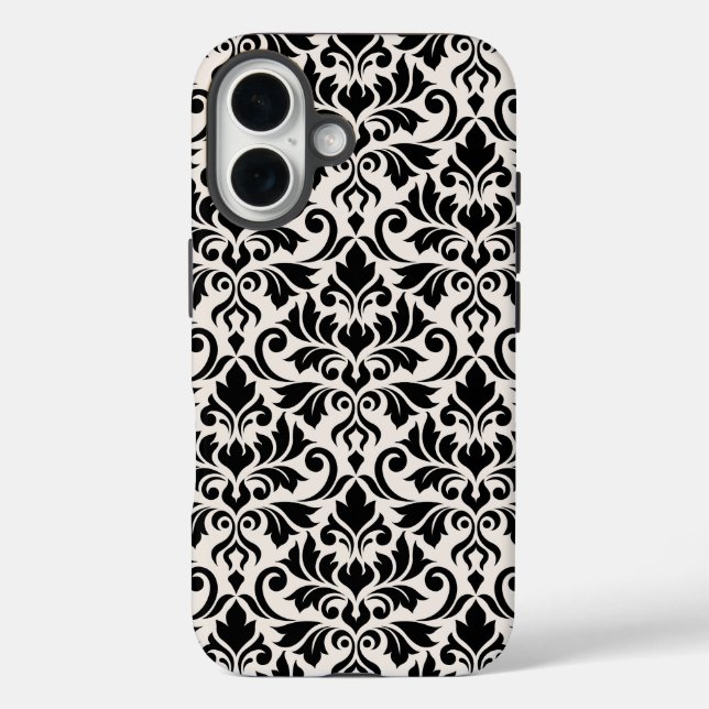 Flourish Damask Big Pattern Black on Cream iPhone 16 Hülle (Rückseite)