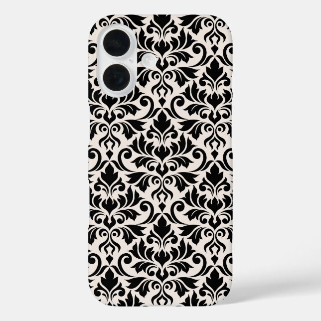 Flourish Damask Big Pattern Black on Cream iPhone 16 Hülle (Rückseite)