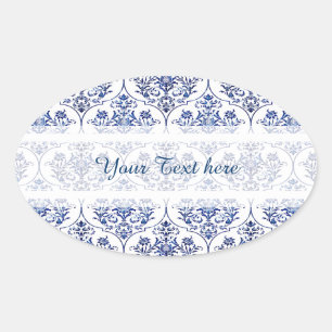 Flourish Damask Muster - blau Ovaler Aufkleber