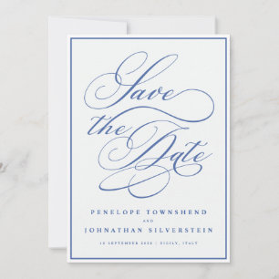 Flourish-Kalligrafie Minimal Blau Weiße Hochzeit Save The Date