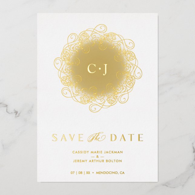 Flourish Real Golden Ornament Initials Wedding Folieneinladung (Vorderseite)