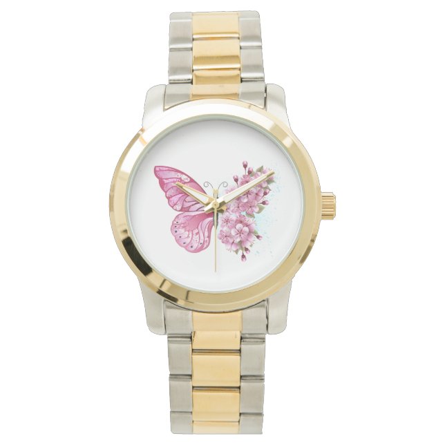 Flower Butterfly with Pink Sakura Armbanduhr (Vorderseite)