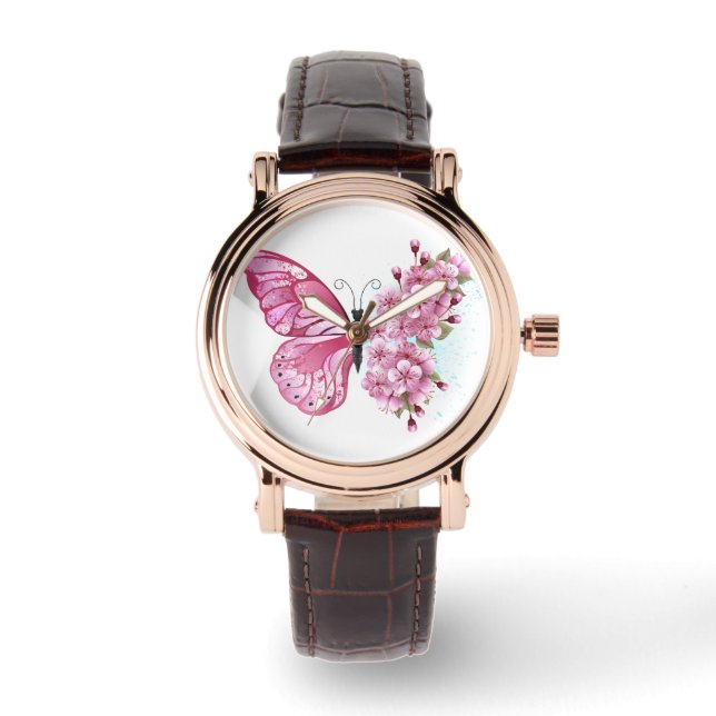 Flower Butterfly with Pink Sakura Armbanduhr (Vorderseite)