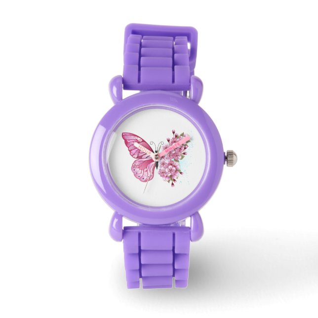 Flower Butterfly with Pink Sakura Armbanduhr (Vorderseite)