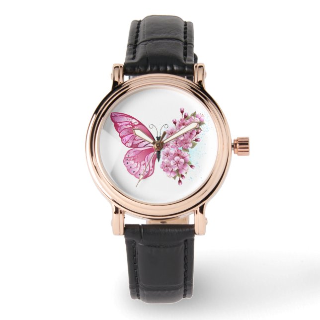 Flower Butterfly with Pink Sakura Armbanduhr (Vorderseite)