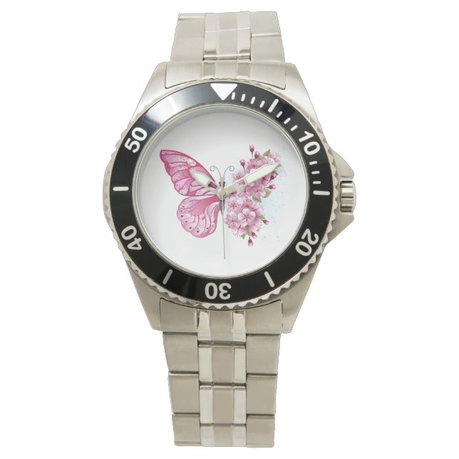 Flower Butterfly with Pink Sakura Armbanduhr (Vorderseite)
