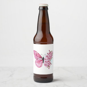 Flower Butterfly with Pink Sakura Bierflaschenetikett