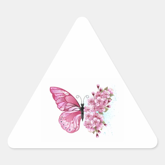 Flower Butterfly with Pink Sakura Dreieckiger Aufkleber (Vorderseite)