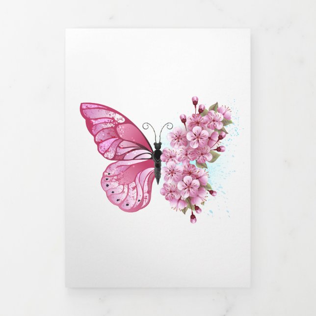 Flower Butterfly with Pink Sakura Dreifach Gefaltete Karte (Cover)