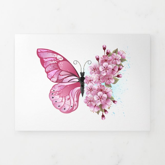 Flower Butterfly with Pink Sakura Dreifach Gefaltete Karte (Cover)
