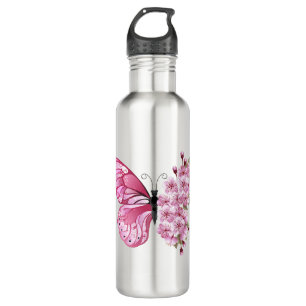 Flower Butterfly with Pink Sakura Edelstahlflasche