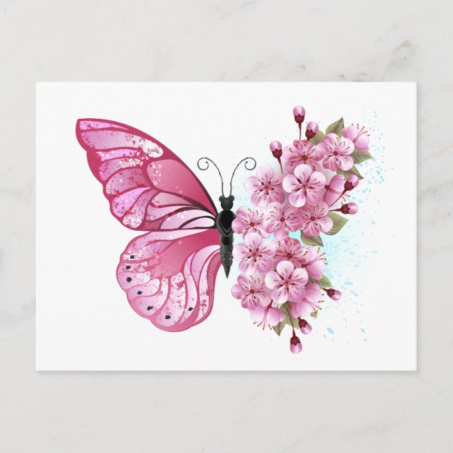 Flower Butterfly with Pink Sakura Einladungspostkarte (Vorderseite)