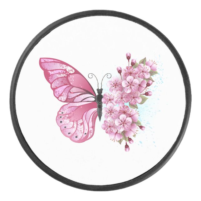 Flower Butterfly with Pink Sakura Eishockey Puck (Vorderseite)