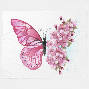 Flower Butterfly with Pink Sakura Fleecedecke