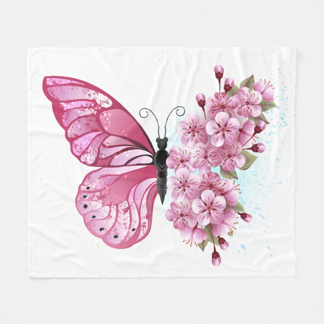 Flower Butterfly with Pink Sakura Fleecedecke (Vorderseite (Horizontal))