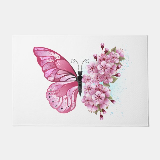 Flower Butterfly with Pink Sakura Fußmatte (Vorderseite)