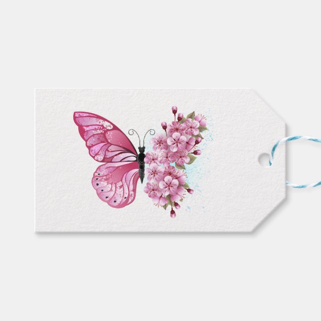 Flower Butterfly with Pink Sakura Geschenkanhänger (Vorderseite (Horizontal))