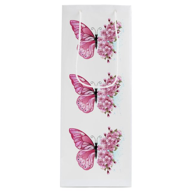 Flower Butterfly with Pink Sakura Geschenktüte Für Weinflaschen (Vorderseite)