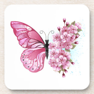 Flower Butterfly with Pink Sakura Getränkeuntersetzer