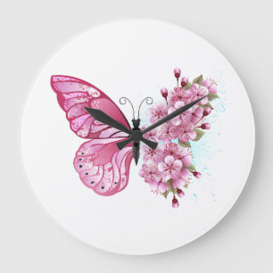 Flower Butterfly with Pink Sakura Große Wanduhr