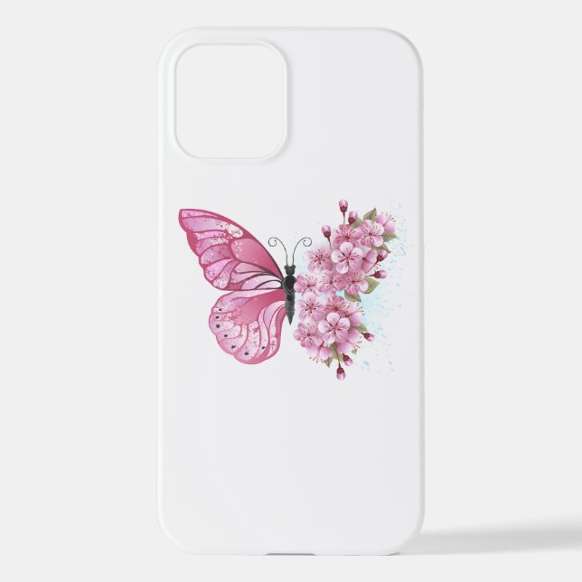 Flower Butterfly with Pink Sakura iPhone 12 Hülle (Rückseite)