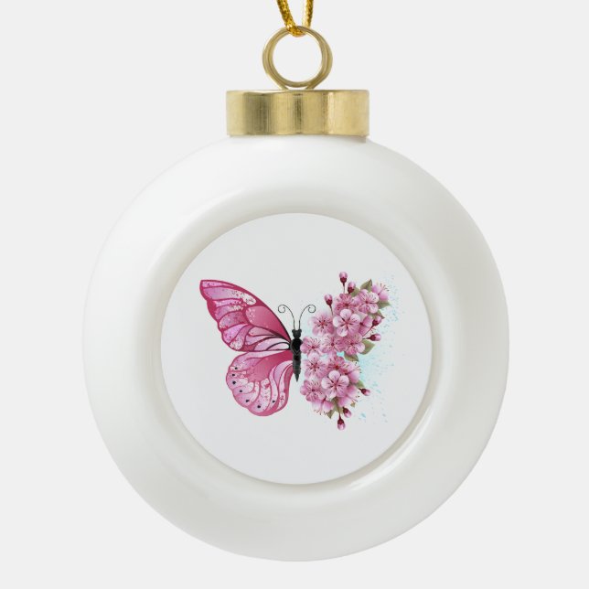Flower Butterfly with Pink Sakura Keramik Kugel-Ornament (Vorderseite)