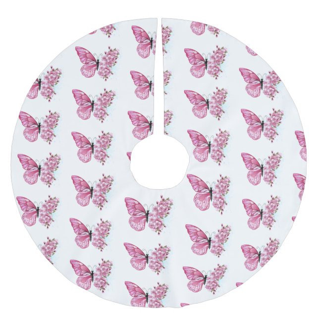 Flower Butterfly with Pink Sakura Polyester Weihnachtsbaumdecke (Vorderseite)