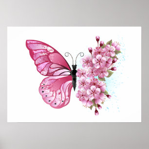 Flower Butterfly with Pink Sakura Poster