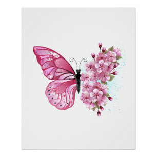 Flower Butterfly with Pink Sakura Poster