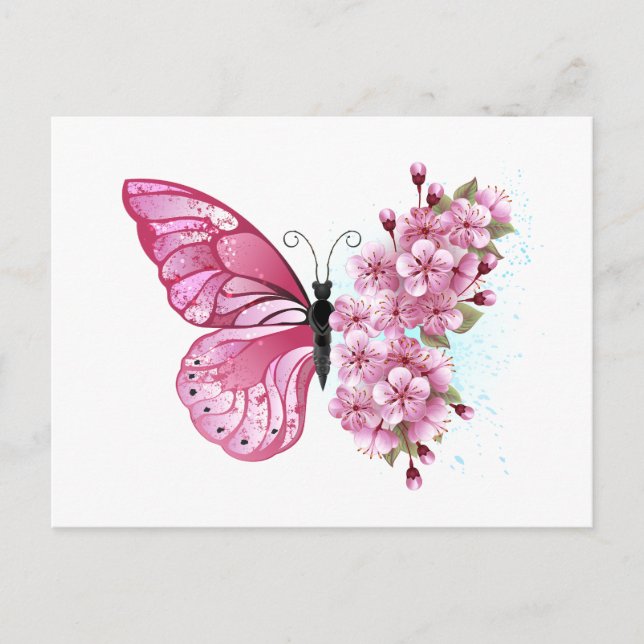 Flower Butterfly with Pink Sakura Postkarte (Vorderseite)