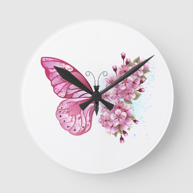 Flower Butterfly with Pink Sakura Runde Wanduhr (Vorderseite)