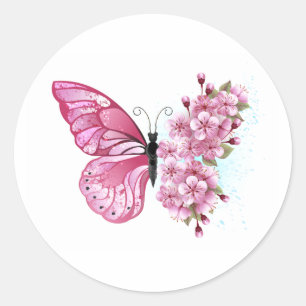 Flower Butterfly with Pink Sakura Runder Aufkleber