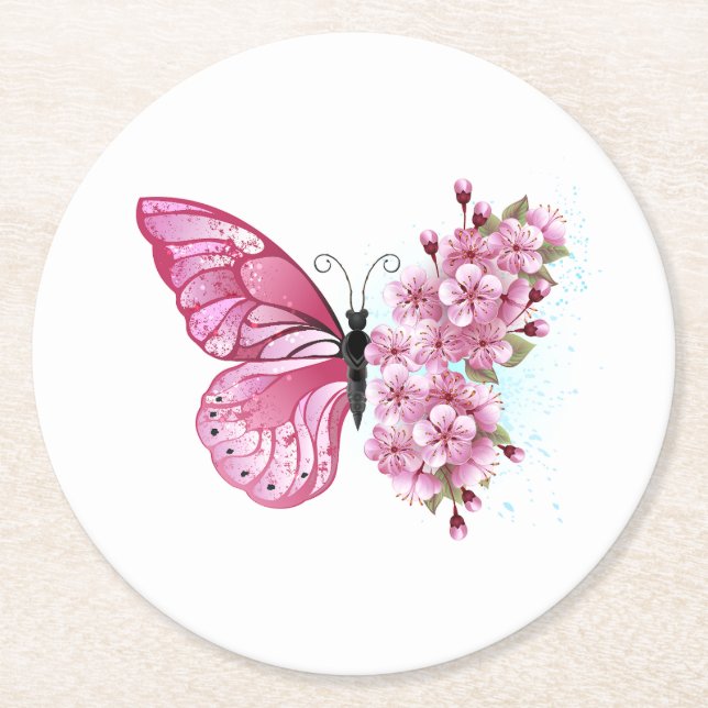 Flower Butterfly with Pink Sakura Runder Pappuntersetzer (Vorderseite)