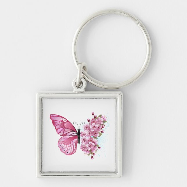Flower Butterfly with Pink Sakura Schlüsselanhänger (Vorne)