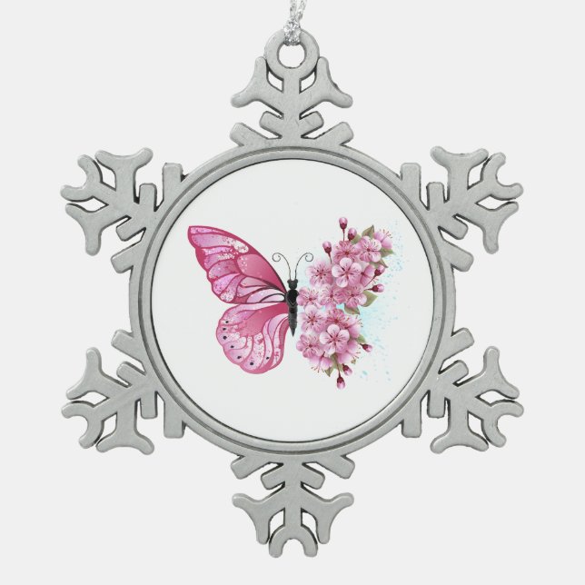 Flower Butterfly with Pink Sakura Schneeflocken Zinn-Ornament (Vorderseite)