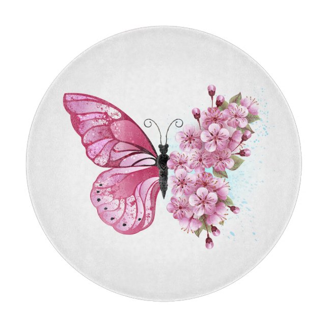 Flower Butterfly with Pink Sakura Schneidebrett (Vorderseite)