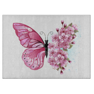 Flower Butterfly with Pink Sakura Schneidebrett