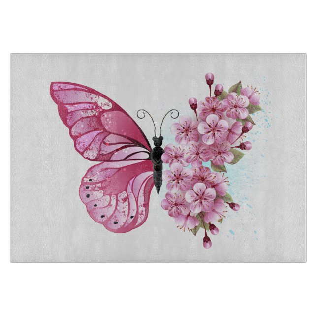 Flower Butterfly with Pink Sakura Schneidebrett (Vorderseite)