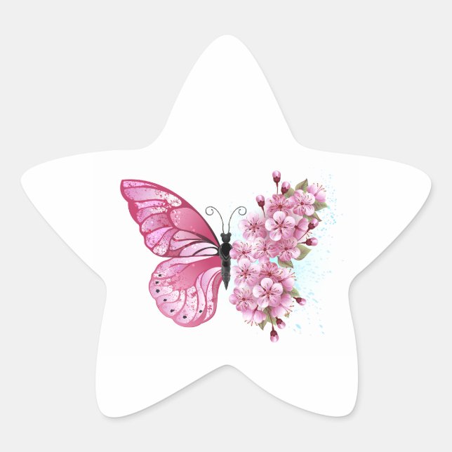 Flower Butterfly with Pink Sakura Stern-Aufkleber (Vorderseite)
