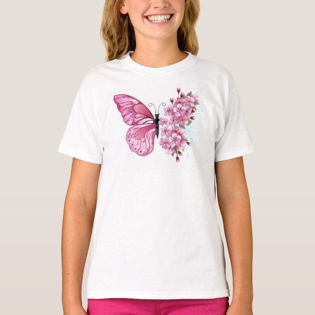 Flower Butterfly with Pink Sakura T-Shirt (Vorderseite)