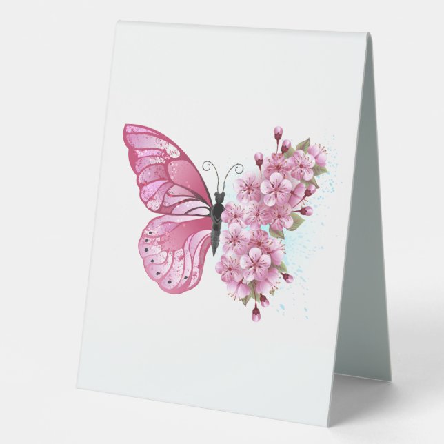 Flower Butterfly with Pink Sakura Tischaufsteller (Vorderseite)