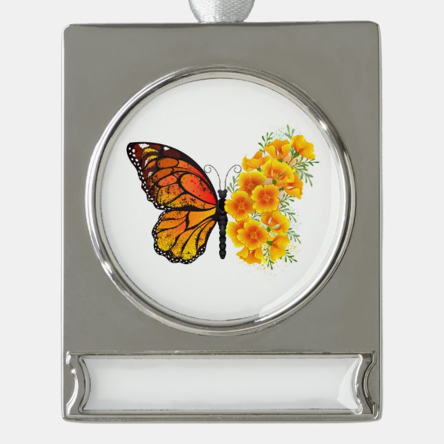 Flower Butterfly with Yellow California Poppy Banner-Ornament Silber (Vorderseite)