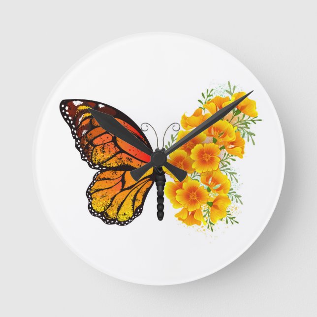 Flower Butterfly with Yellow California Poppy Runde Wanduhr (Vorderseite)