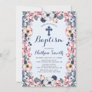 Flower & Cross   Taufe eines Jungen Einladung