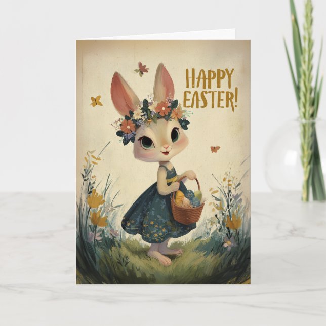 Flower-Crown Easter Bunny in Spring Meadow Card Karte (Vorderseite)