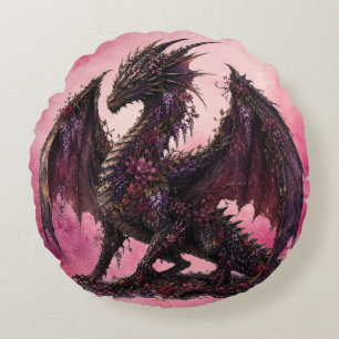 Flower-Drache Botanischer Fantasy-Drache Rundes Kissen